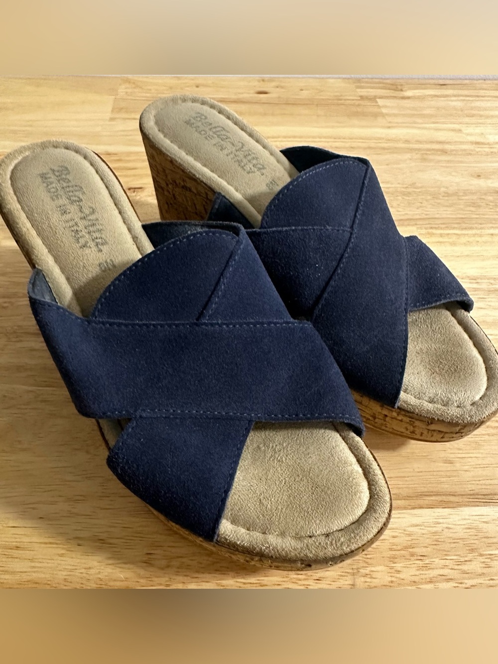 Bella Vita Navy Suede Crisscross Wedge Slides- Made in Italy